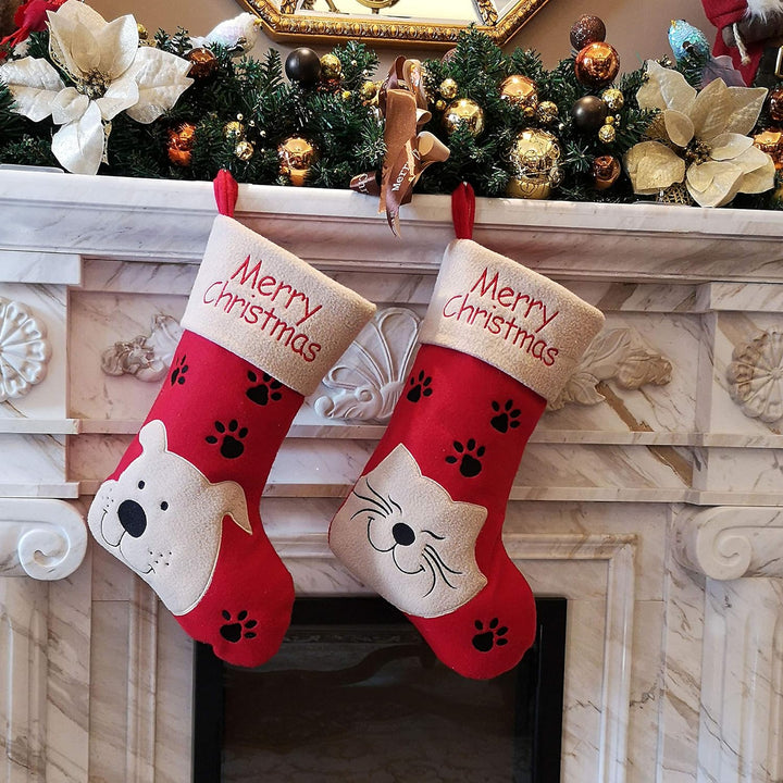 18’’ Dog Felt Christmas Stockings Paws Embroidered for Pets Puppy Red Xmas Stocking Gift Bag Cuff Lovely Home Holiday Decoration