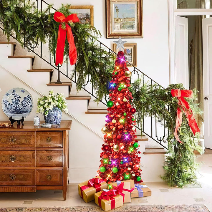 Pop up Christmas Tree with Lights & 30 Balls, 5Ft Collapsible Red Tinsel Christmas Tree Decoration for Holiday Xmas Home Office Decor