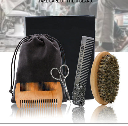 Ultimate 4-Piece Men's Beard Grooming Set | Boar Bristle Brush, Comb & Scissors Kit