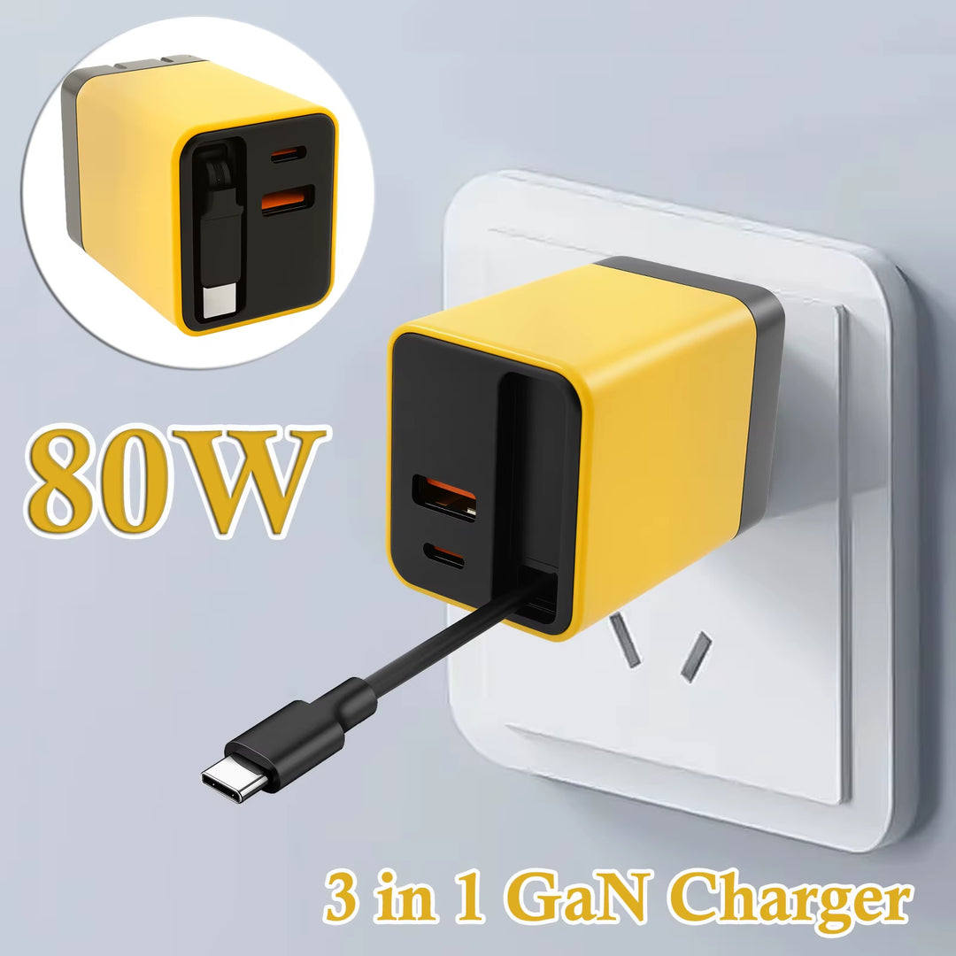 3 in 1 Gan Charger 80W Phone Desktop Laptop Earphone Charger with Retractable Type C Cable Fast Charging Portable Gan Charger