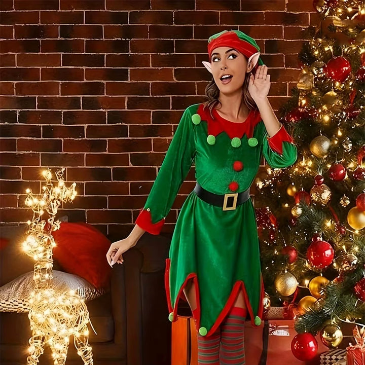Christmas Santa Claus Costume Women Green Elf Cosplay Dress Adult Kids Belt Hat Elf Ear Suit New Year Xmas Party Outfits