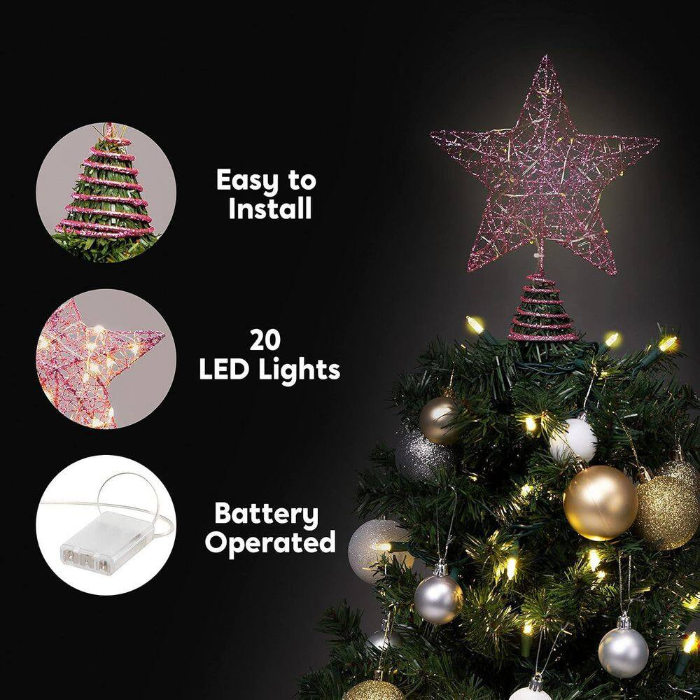 9 in Christmas Tree Toppers, Battery Powered Glitter Pink Star Tree Topper Lighted with 20 LED Warm White Lights