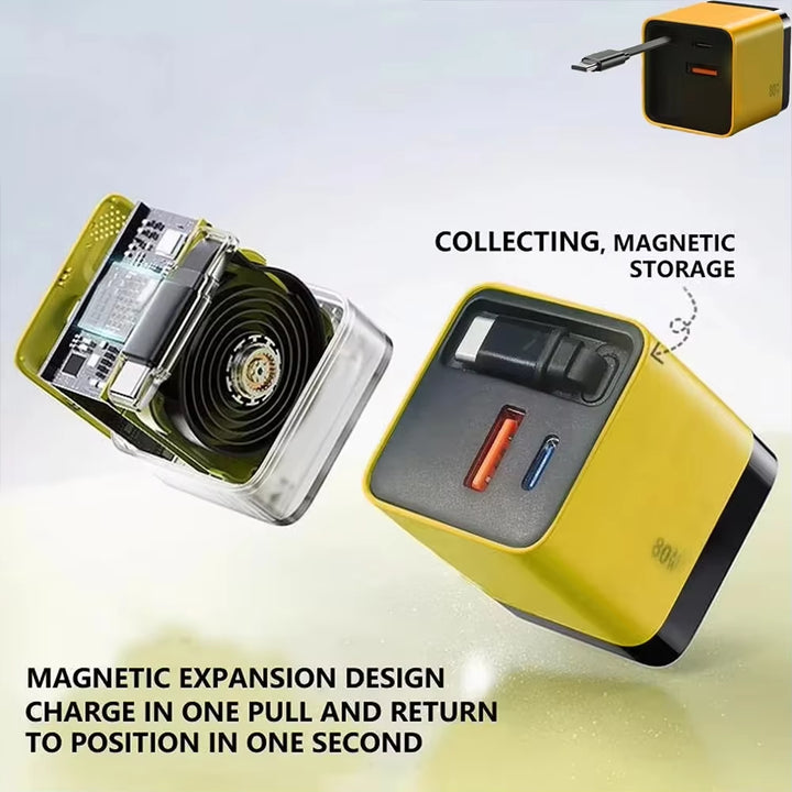 3 in 1 Gan Charger with Retractable Charge Cable PD USB Charger 22.5W Fast Charge for Huawei Iphone Samsung Redmi Travel Charger