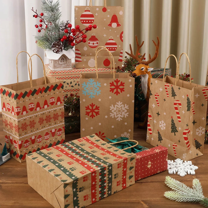 12Pcs Christmas Kraft Gift Bags with Handle, Christmas Paper Gift Treat Bags Bulk, Goodie Bags for Holiday Decor