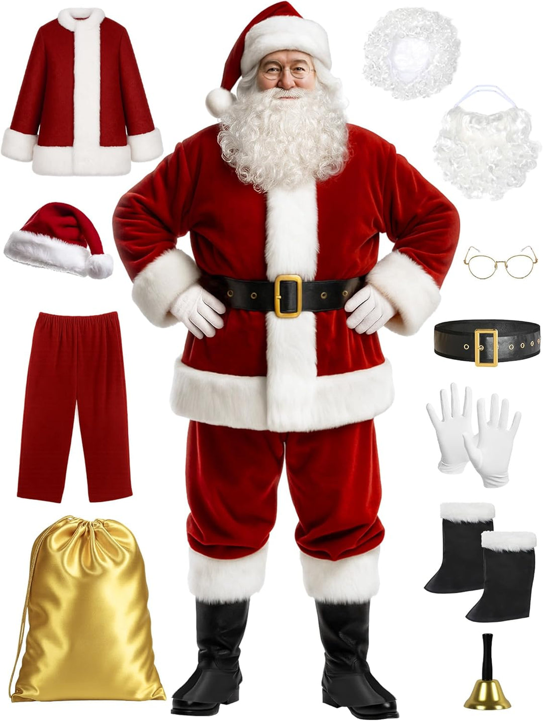 Santa Claus Costume for Men Santa Suit Adults 11Pcs Mens Deluxe Professional Christmas Clause Outfit Xmas Cosplay
