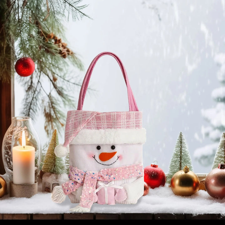 Christmas Gift Bags Bulk - Large 16.5" Drawstring Santa Snowman Treat Bags for Candy, Cookies & Small Gifts (Pink, Reusable Polyester)