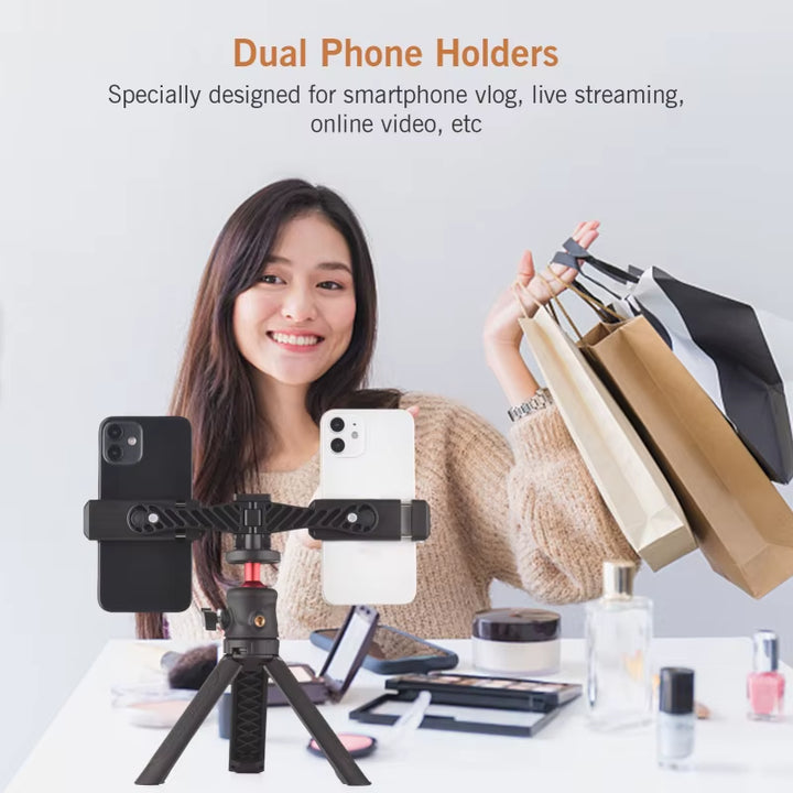 AD-04 Universal Phone Tripod Mount with Dual Phone Holders Vertical Horizontal Phone Clamp Smartphone Holder for Video