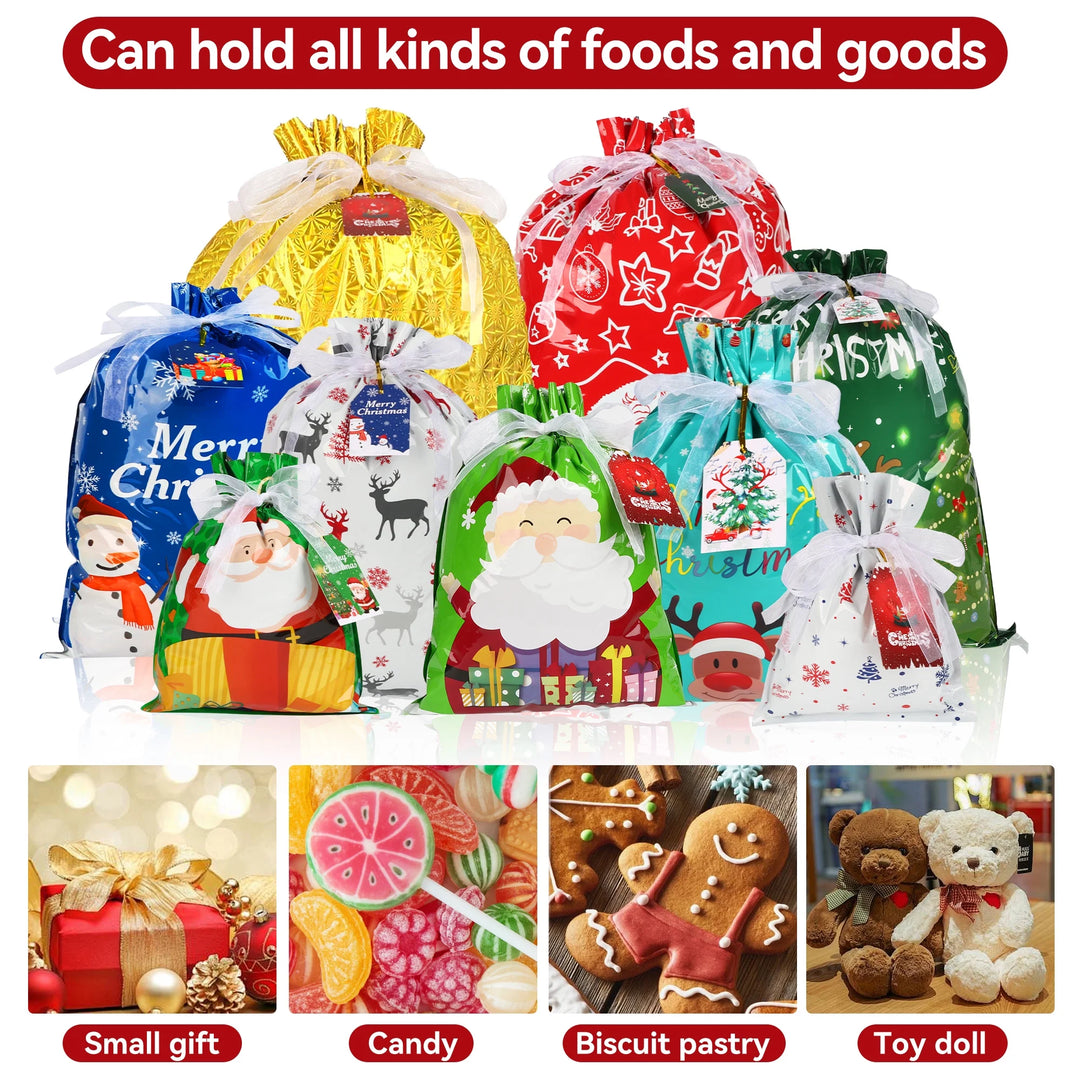 30PCS Christmas Drawstring Gift Bags of Assorted Sizes , Holiday Gift Bags with Drawstrings for Xmas Party Favors
