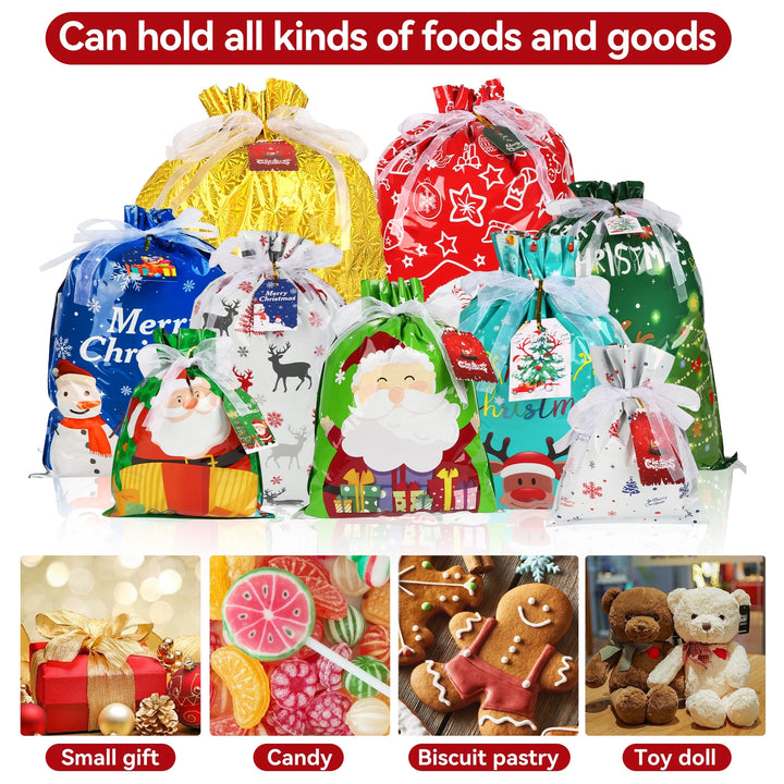 30PCS Christmas Drawstring Gift Bags of Assorted Sizes , Holiday Gift Bags with Drawstrings for Xmas Party Favors