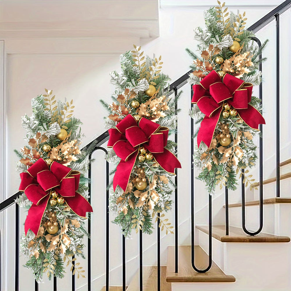 Christmas Teardrop Swag Decoration,21.6Inch Flocked Pine Christmas Garland with Bow for Decorating Outdoor Front Door Stair Windows Fireplace,Xmas Decor‌