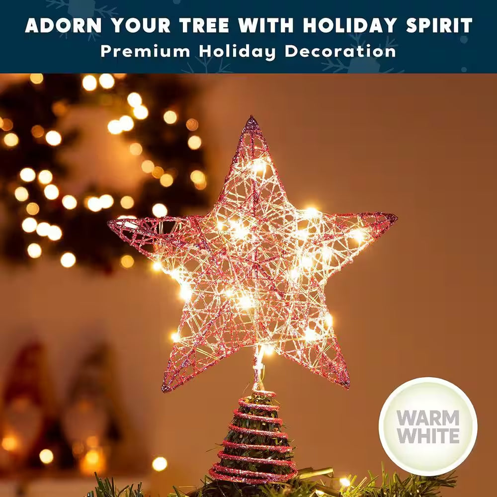 9 in Christmas Tree Toppers, Battery Powered Glitter Pink Star Tree Topper Lighted with 20 LED Warm White Lights