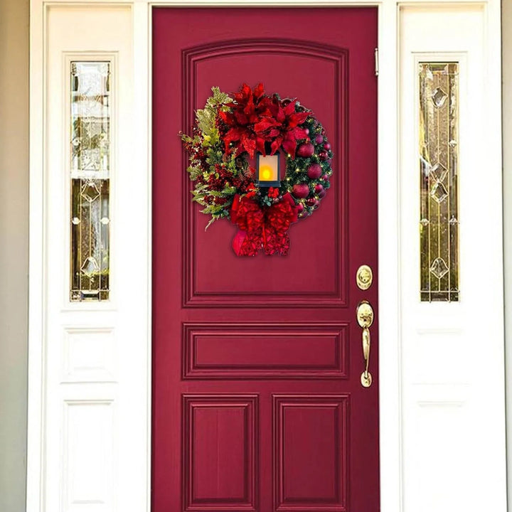 2024 Large Christmas Wreaths for Front Door,Artificial Lighted Christmas Wreath with Bow Ribbon Red Christmas Front Door,Wreath with Christmas Ball Christmas Garland for Indoor Outdoor Front Door