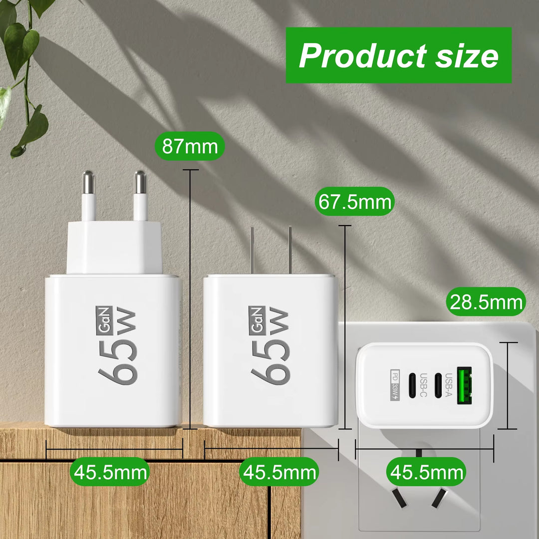 Gan PD Fast Charger with Type C and USB Ports 3 in 1 Quick Charging Adapter for Iphone 15 Samsung Huawei Xiaomi Mobile Devices