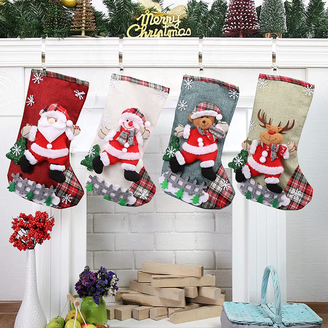 4 Packs Christmas Stockings 18 Inch Sets Stocking Santa Snowman Reindeer Bear 3D Plush Xmas Decor Family Holiday Party Ornament