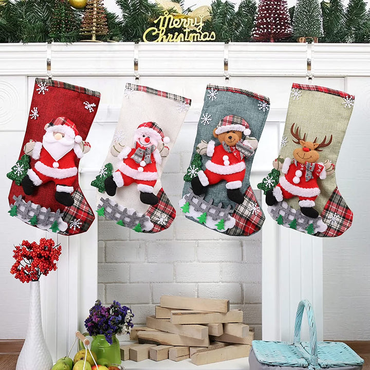 4 Packs Christmas Stockings 18 Inch Sets Stocking Santa Snowman Reindeer Bear 3D Plush Xmas Decor Family Holiday Party Ornament