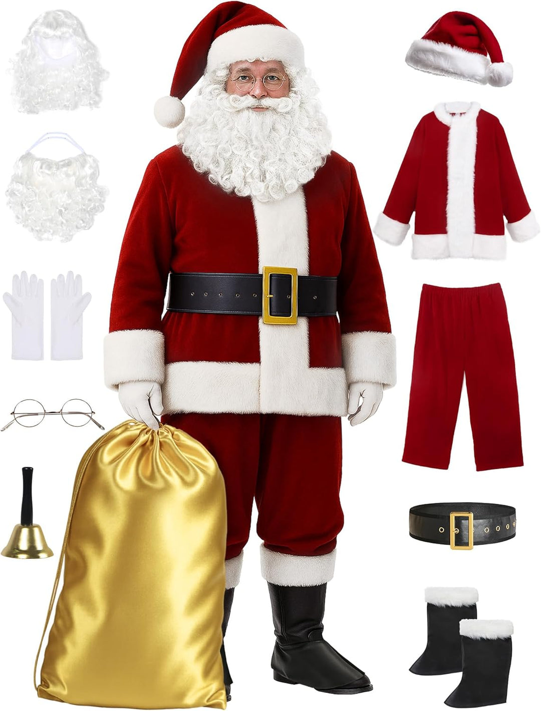 Men'S Deluxe Santa Suit 11Pc. Christmas Ultra Velvet Adult Santa Claus Costume