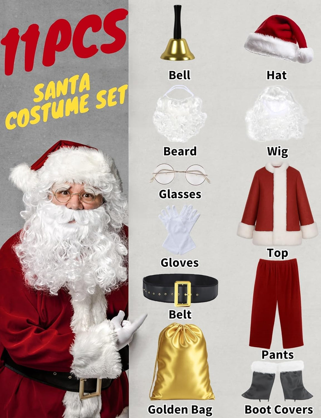 Santa Claus Costume for Men Santa Suit Adults 11Pcs Mens Deluxe Professional Christmas Clause Outfit Xmas Cosplay
