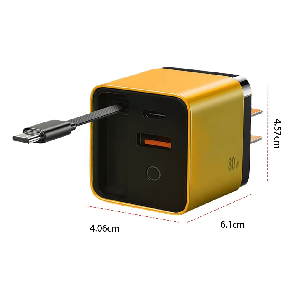 Portable 3 in 1 Gan Charger 80W MAX Fast Charger Retractabl Fast Charger with Type-C Cable 2USB Port Adapter Mobilephone Charger
