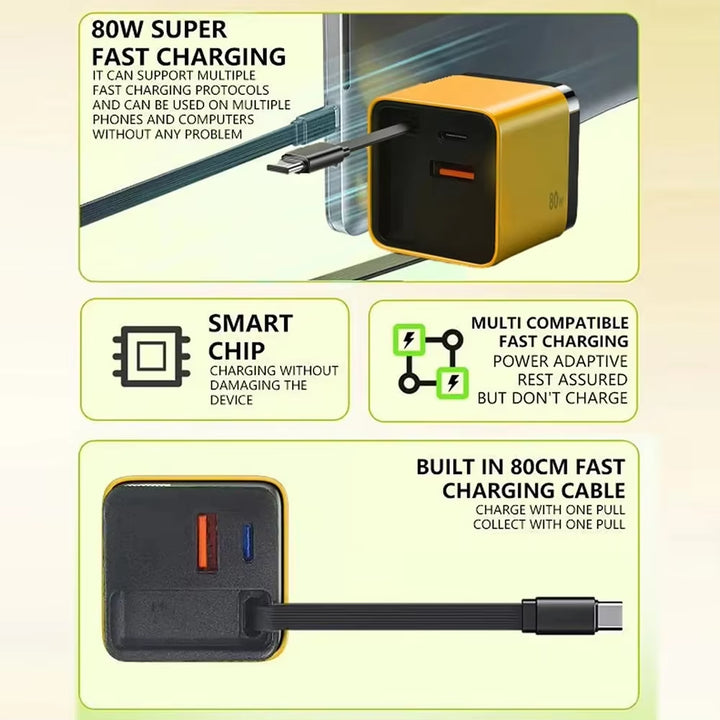 3 in 1 Gan Charger with Retractable Charge Cable PD USB Charger 22.5W Fast Charge for Huawei Iphone Samsung Redmi Travel Charger