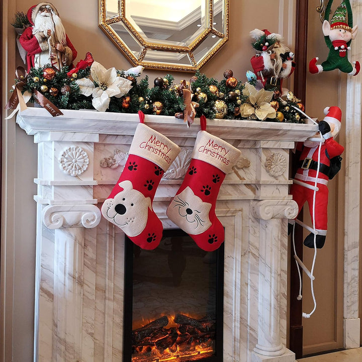 18’’ Dog Felt Christmas Stockings Paws Embroidered for Pets Puppy Red Xmas Stocking Gift Bag Cuff Lovely Home Holiday Decoration