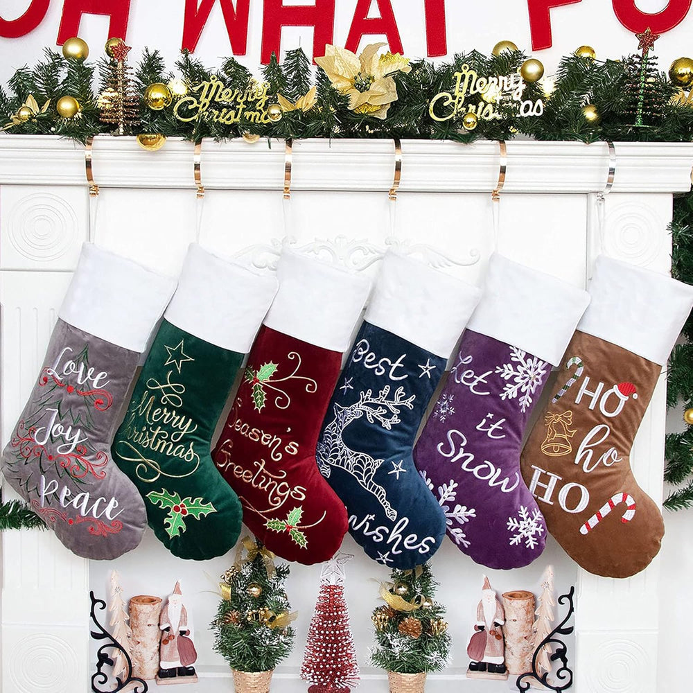 Christmas Stockings 6 Pack for Family 22" Large Embroidered Classic Luxury Velvet Red Green Purple Blue Grey Brown Decorations for Fireplace Xmas Season (Set of 6)