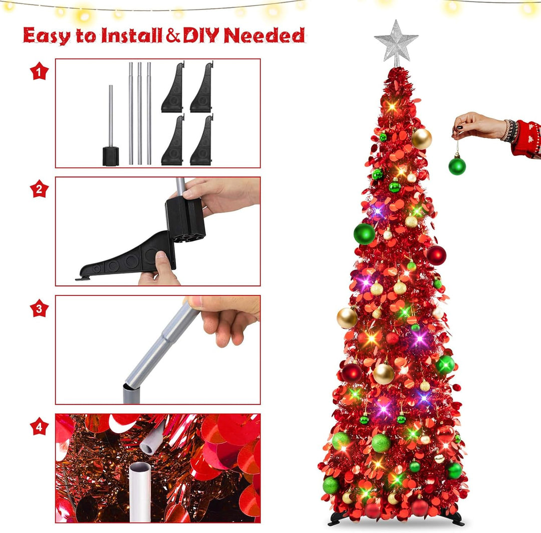 Pop up Christmas Tree with Lights & 30 Balls, 5Ft Collapsible Red Tinsel Christmas Tree Decoration for Holiday Xmas Home Office Decor