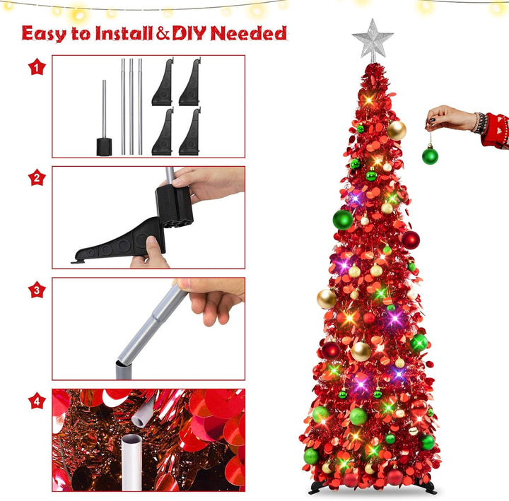 Pop up Christmas Tree with Lights & 30 Balls, 5Ft Collapsible Red Tinsel Christmas Tree Decoration for Holiday Xmas Home Office Decor