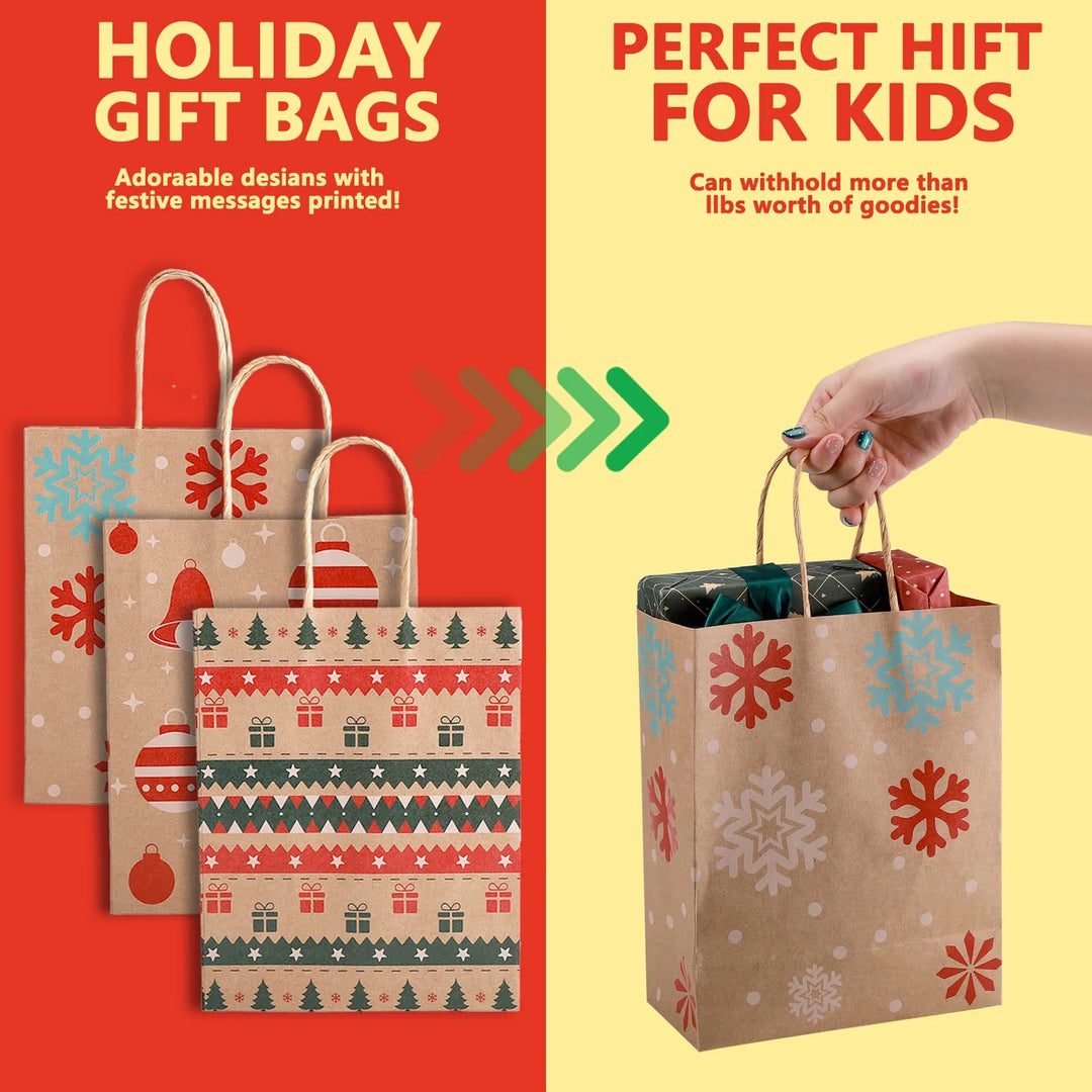 12Pcs Christmas Kraft Gift Bags with Handle, Christmas Paper Gift Treat Bags Bulk, Goodie Bags for Holiday Decor