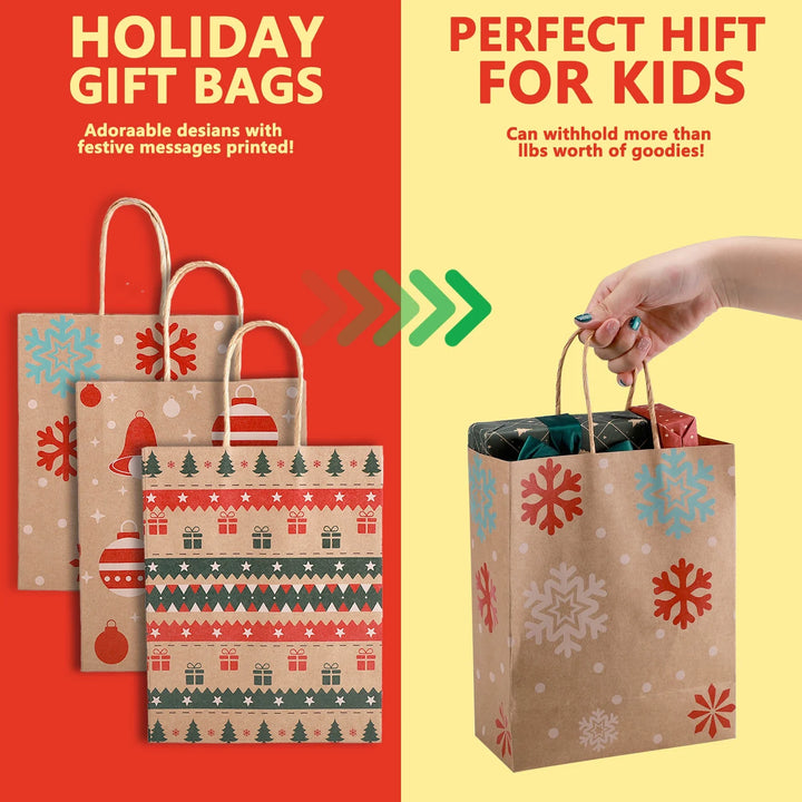 12Pcs Christmas Kraft Gift Bags with Handle, Christmas Paper Gift Treat Bags Bulk, Goodie Bags for Holiday Decor