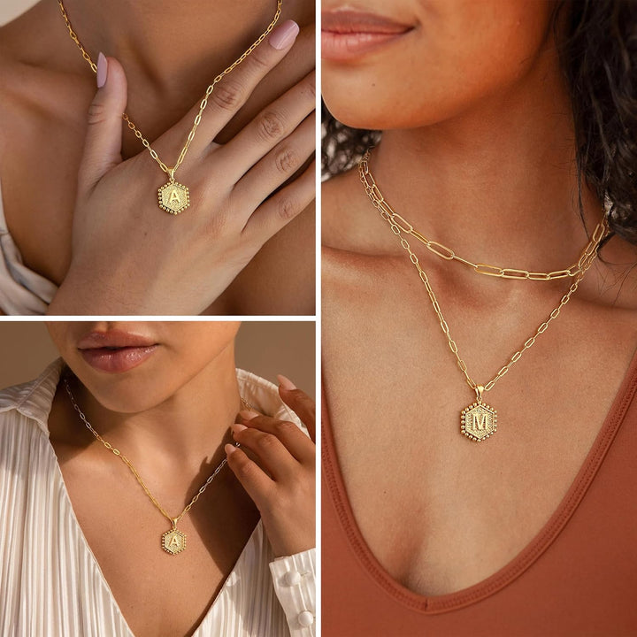 Dainty Initial Necklaces for Women, 14K-Gold-Plated Layering Necklace for Women Cute Hexagon Letter Initial Necklace Layered Necklaces for Womens Gifts