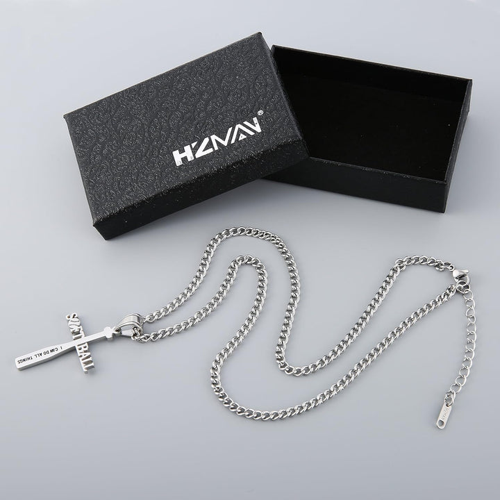 Softball Bat Cross Pendant, I CAN DO ALL THINGS STRENGTH Bible Verse Stainless Steel Necklace