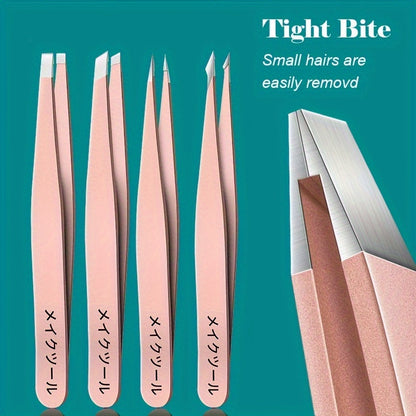 4-Piece Professional Stainless Steel Tweezer Set | Precision Eyebrow Grooming Kit