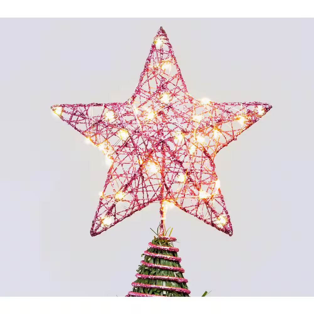 9 in Christmas Tree Toppers, Battery Powered Glitter Pink Star Tree Topper Lighted with 20 LED Warm White Lights