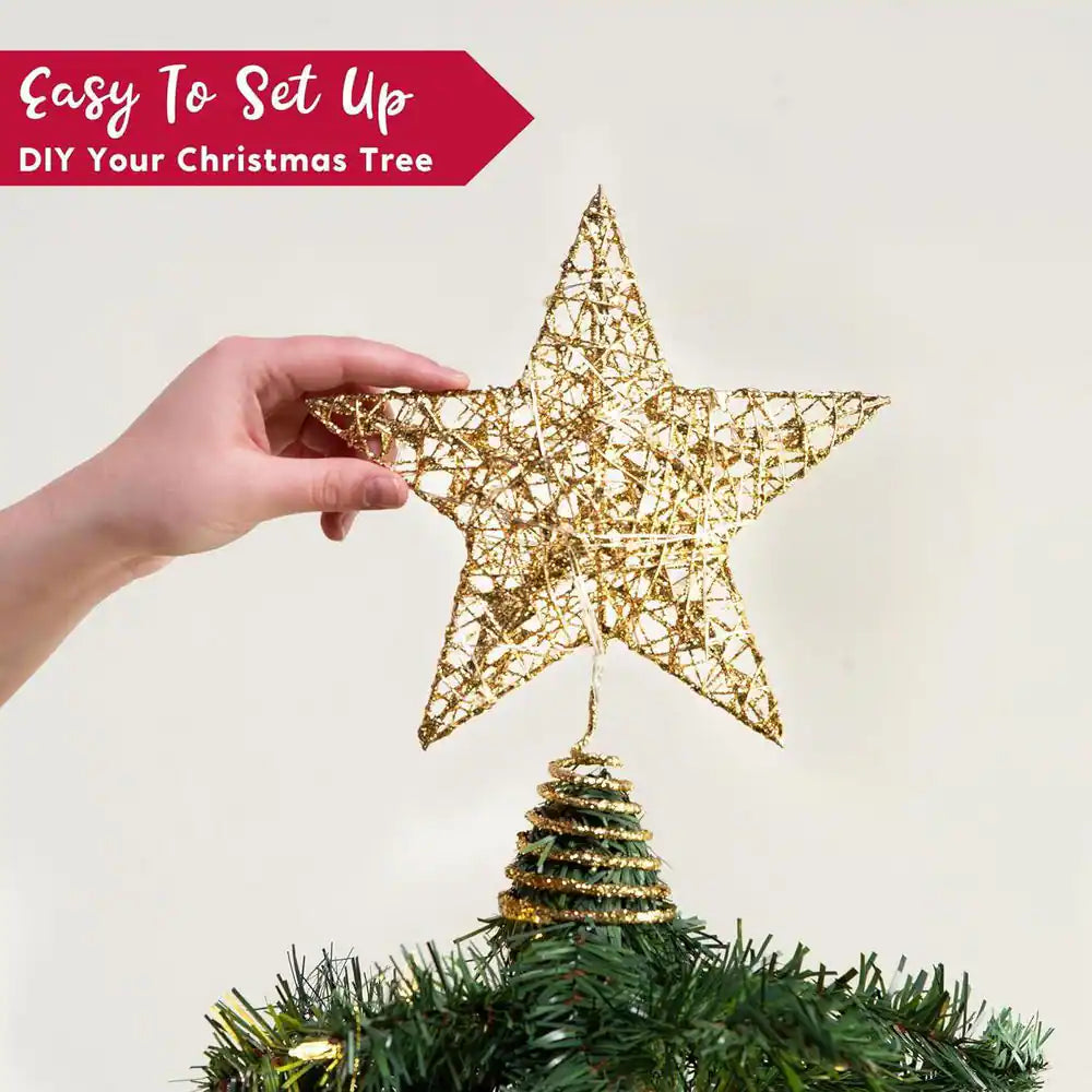 9 in Gold Glitter Star Tree Topper Metal Hallow Tree Star Lighted for Christmas Tree Decorations
