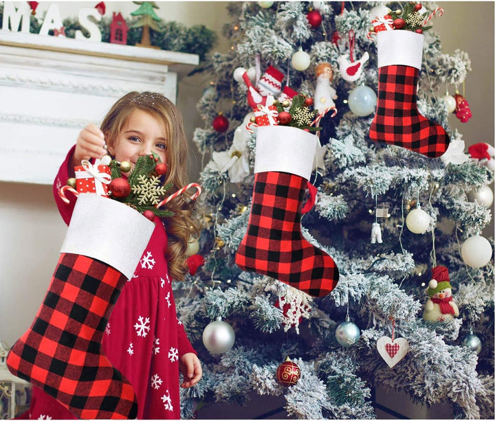 6 Pack Christmas Stockings- 18 Inch Red Black Buffalo Plaid Christmas Stockings Fireplace Hanging Stockings for Family Xmas Holiday Season Party Decor