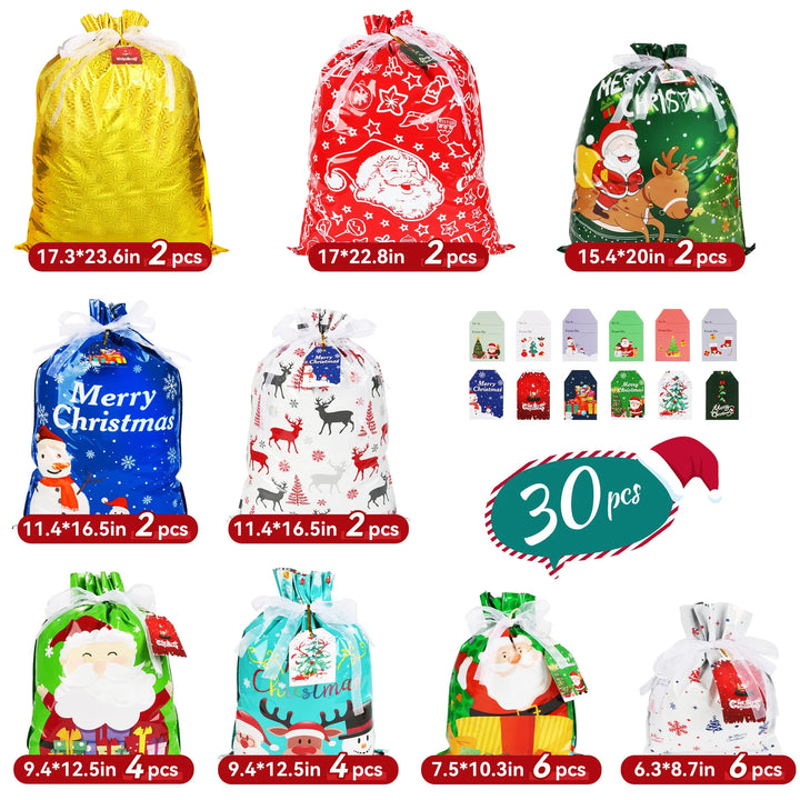 30PCS Christmas Drawstring Gift Bags of Assorted Sizes , Holiday Gift Bags with Drawstrings for Xmas Party Favors