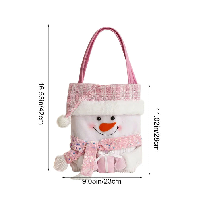 Christmas Gift Bags Bulk - Large 16.5" Drawstring Santa Snowman Treat Bags for Candy, Cookies & Small Gifts (Pink, Reusable Polyester)