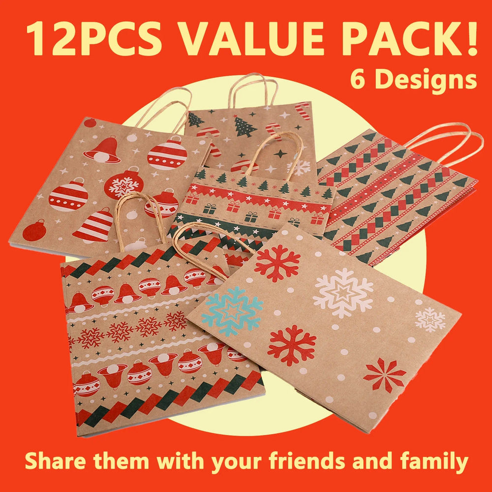 12Pcs Christmas Kraft Gift Bags with Handle, Christmas Paper Gift Treat Bags Bulk, Goodie Bags for Holiday Decor