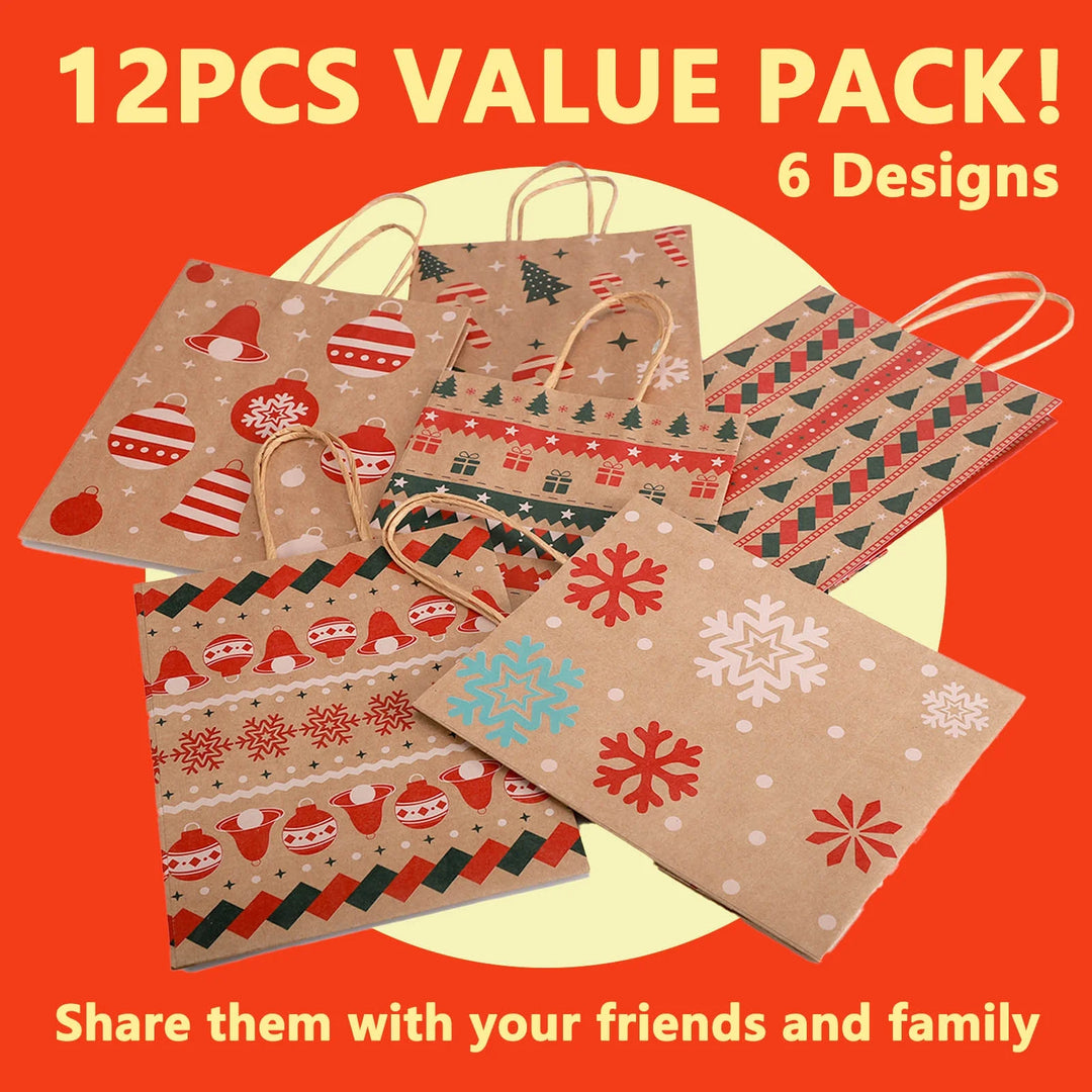 12Pcs Christmas Kraft Gift Bags with Handle, Christmas Paper Gift Treat Bags Bulk, Goodie Bags for Holiday Decor