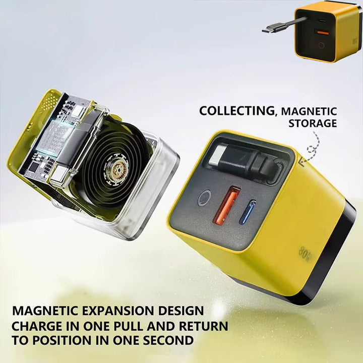 Portable 3 in 1 Gan Charger 80W MAX Fast Charger Retractabl Fast Charger with Type-C Cable 2USB Port Adapter Mobilephone Charger