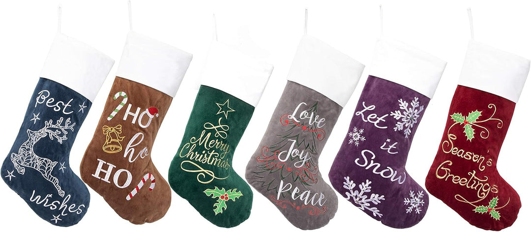 Christmas Stockings 6 Pack for Family 22" Large Embroidered Classic Luxury Velvet Red Green Purple Blue Grey Brown Decorations for Fireplace Xmas Season (Set of 6)