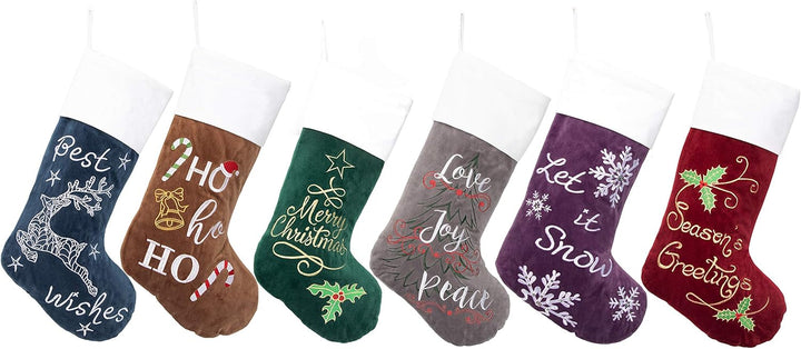 Christmas Stockings 6 Pack for Family 22" Large Embroidered Classic Luxury Velvet Red Green Purple Blue Grey Brown Decorations for Fireplace Xmas Season (Set of 6)