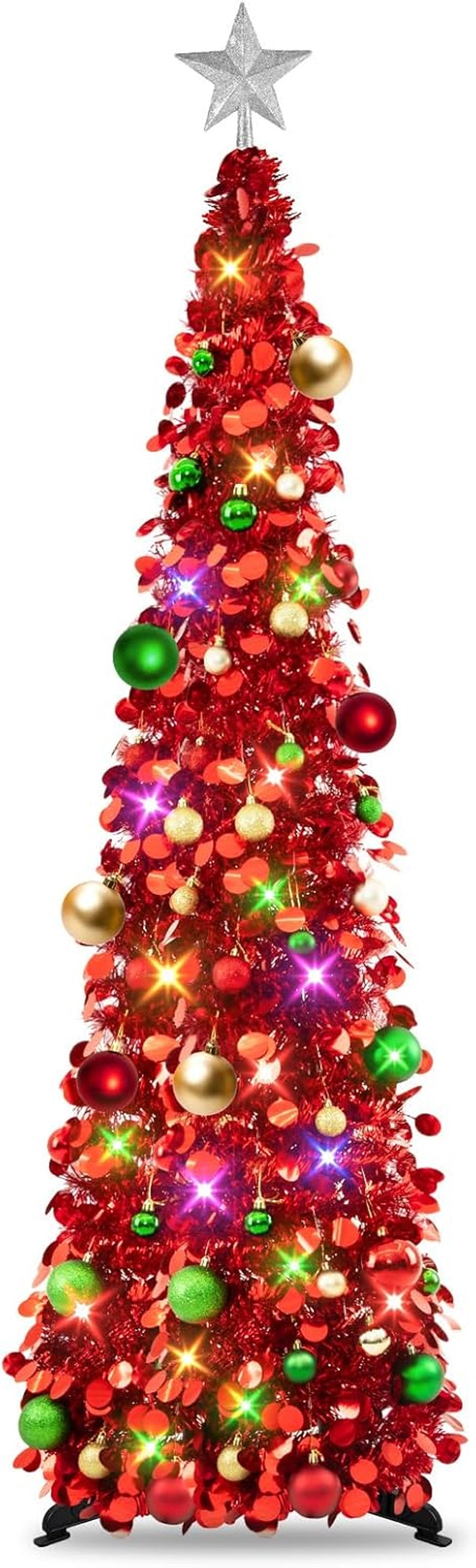 Pop up Christmas Tree with Lights & 30 Balls, 5Ft Collapsible Red Tinsel Christmas Tree Decoration for Holiday Xmas Home Office Decor