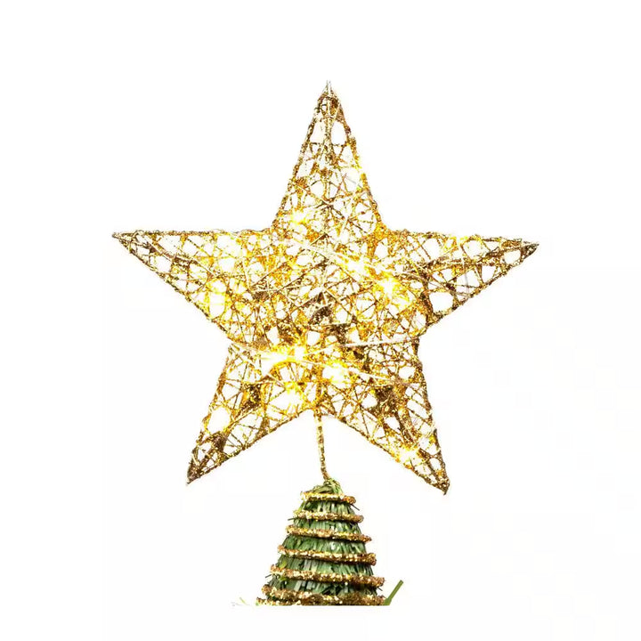 9 in Gold Glitter Star Tree Topper Metal Hallow Tree Star Lighted for Christmas Tree Decorations