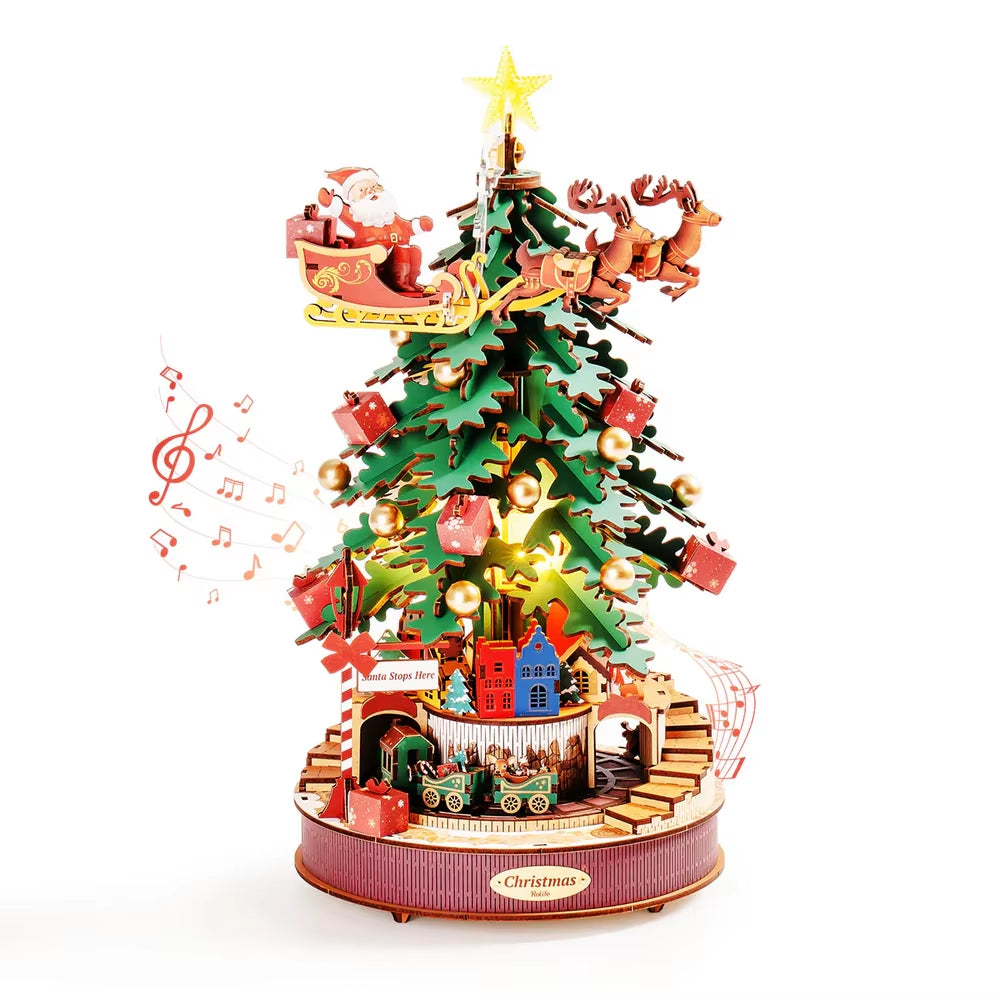 Rolife Christmas Melody Tree Music Boxes 3D Wooden Puzzle with Light Perfect Gifts for Family Easy Assemble Toys
