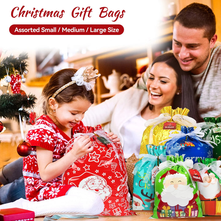 30PCS Christmas Drawstring Gift Bags of Assorted Sizes , Holiday Gift Bags with Drawstrings for Xmas Party Favors