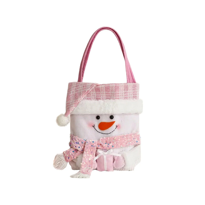Christmas Gift Bags Bulk - Large 16.5" Drawstring Santa Snowman Treat Bags for Candy, Cookies & Small Gifts (Pink, Reusable Polyester)