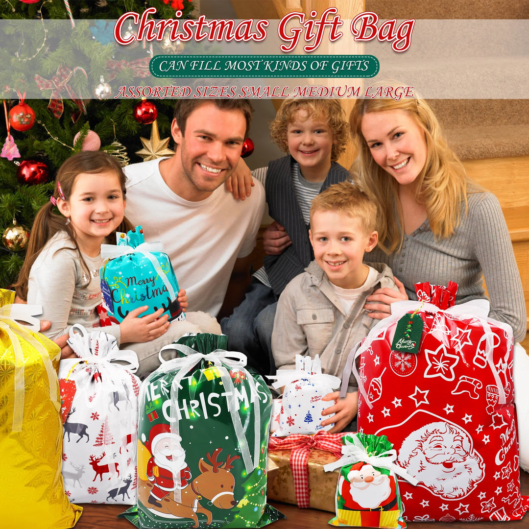 30PCS Christmas Drawstring Gift Bags of Assorted Sizes , Holiday Gift Bags with Drawstrings for Xmas Party Favors