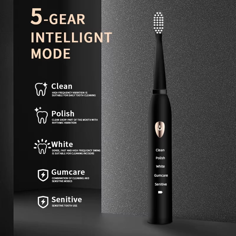 Jianpai Adult Black White Classic Acoustic Electric Toothbrush Adult 5-Gear Mode USB Charging IPX7 Waterproof Acoustic Electric