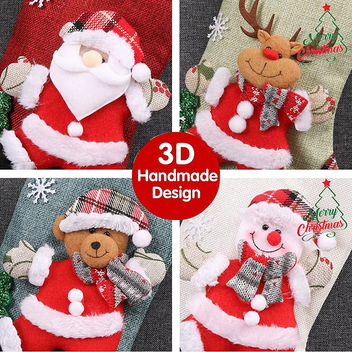 4 Packs Christmas Stockings 18 Inch Sets Stocking Santa Snowman Reindeer Bear 3D Plush Xmas Decor Family Holiday Party Ornament